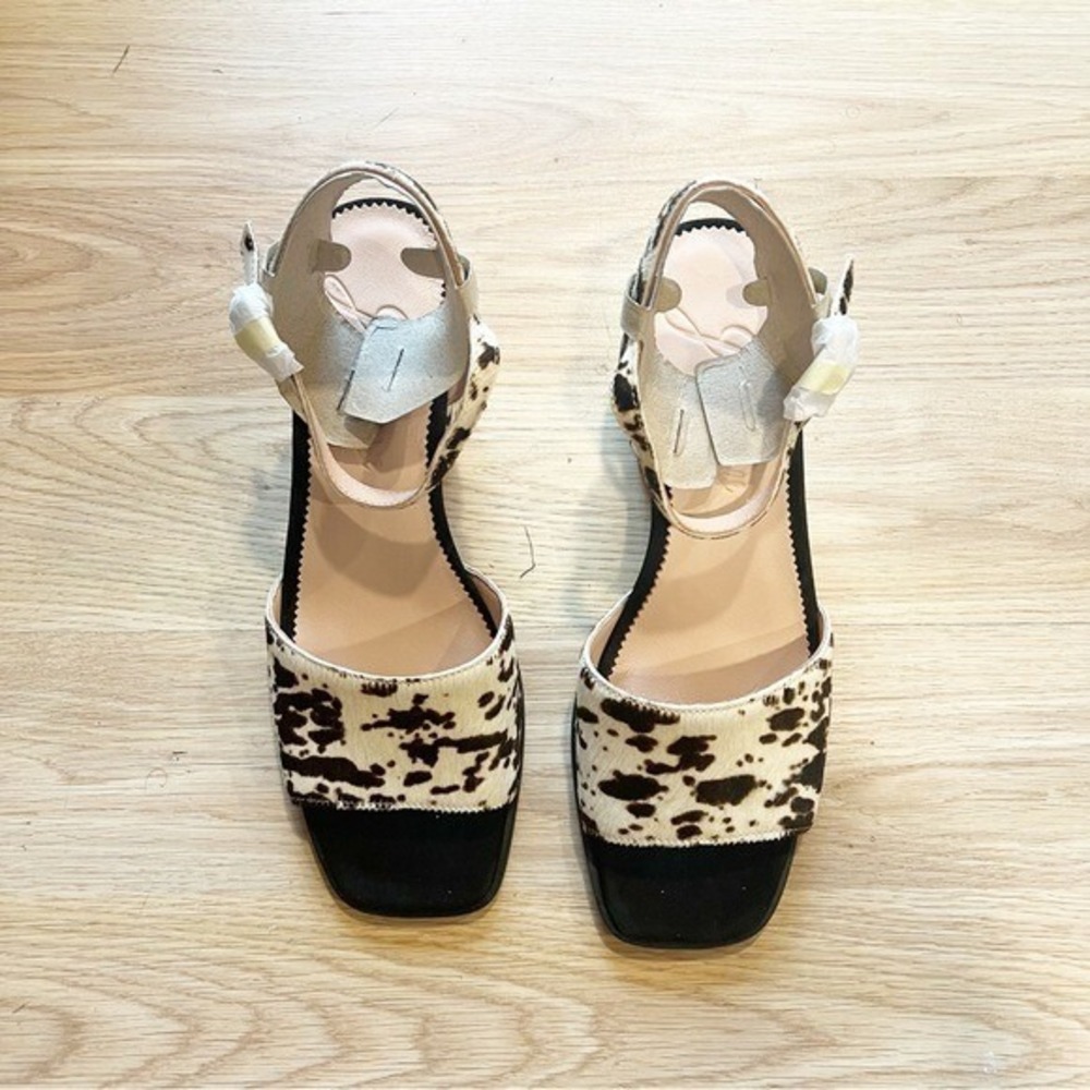 J.Crew Cow Print Calf Hair Block Heel Sandals Square Toe Brown White Womens 8 - Picture 9 of 11